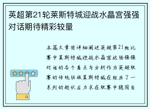 英超第21轮莱斯特城迎战水晶宫强强对话期待精彩较量 英超第21轮莱斯特城迎战水晶宫强强对话期待精彩较量