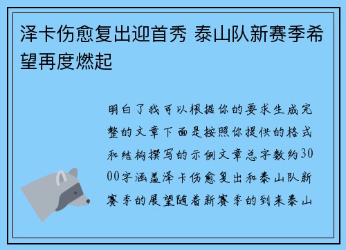 泽卡伤愈复出迎首秀 泰山队新赛季希望再度燃起 泽卡伤愈复出迎首秀 泰山队新赛季希望再度燃起