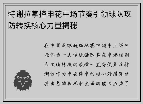 特谢拉掌控申花中场节奏引领球队攻防转换核心力量揭秘 特谢拉掌控申花中场节奏引领球队攻防转换核心力量揭秘